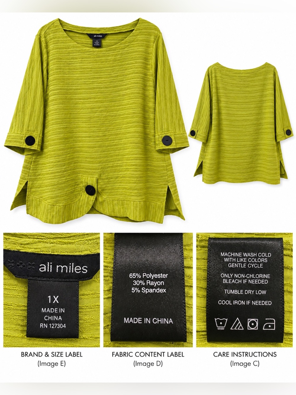 Ali Miles Chartreuse Textured Tunic Top Size 1X Button Detail